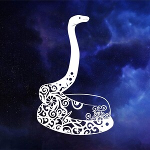 May include: A white, stylized snake with intricate floral patterns on its body, set against a dark blue starry background.