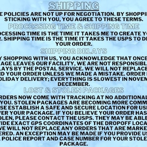May include: A blue and white text-based graphic with the heading "Shipping". The text explains the shipping policies for an online store, including processing time, shipping delays, and lost or stolen packages. The text states that all orders come with tracking at no additional cost.