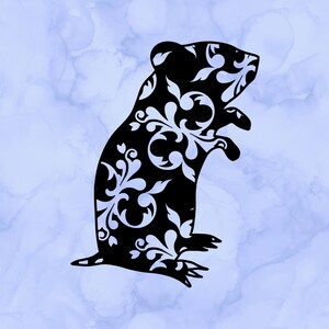 May include: Black silhouette of a mouse with a floral pattern. The mouse is standing on its hind legs with its front paws raised.
