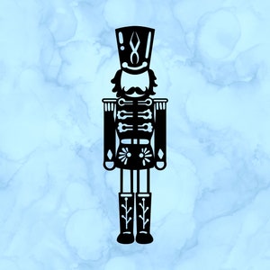 May include: Black silhouette of a toy soldier nutcracker with a tall hat and a mustache. The nutcracker is wearing a uniform with buttons and a belt.