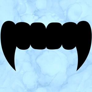 May include: Black silhouette of a set of vampire fangs on a light blue background.