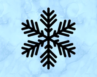 May include: Black snowflake design on a light blue background. The snowflake is a symmetrical six-pointed star shape, with each point featuring a series of parallel lines. The background has a watercolor effect.