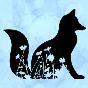 May include: A black silhouette of a fox sitting with its tail curled around its body. The fox is surrounded by white flowers on a light blue background.