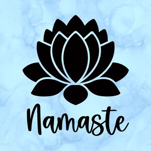 May include: A black lotus flower design with the word "Namaste" in a cursive font, set against a light blue watercolor background. The image is a sticker or decal, perfect for yoga enthusiasts or those seeking mindfulness.