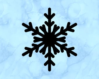 May include: A black snowflake design on a light blue background. The snowflake is a symmetrical six-pointed star shape with detailed, stylized arms. The background has a watercolor-like effect.