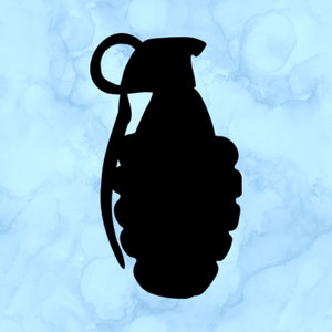 May include: Black silhouette of a hand grenade sticker on a light blue background with a watercolor effect. The grenade has a curved handle, a pin, and a textured body. The sticker is a simple, bold design.
