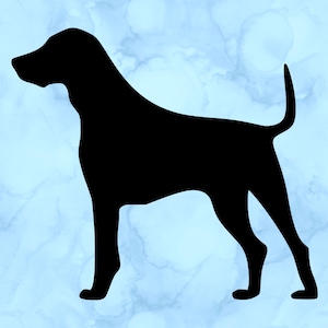 May include: A black silhouette of a dog in a standing position, with its tail slightly curved upwards. The dog is set against a light blue background with a watercolor effect. The dog's features are clearly defined.