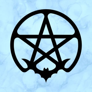May include: A black pentagram with a bat wing design at the bottom, set against a light blue watercolor background.