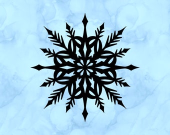May include: Black snowflake design on a light blue background. The snowflake has intricate, symmetrical details with pointed tips and a central circular pattern. The design is a winter or holiday theme.