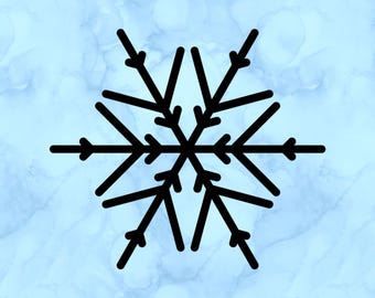 May include: Black snowflake design on a light blue background. The snowflake is a symmetrical, six-pointed star shape with arrow-like extensions at the end of each point. The background has a watercolor-like texture.