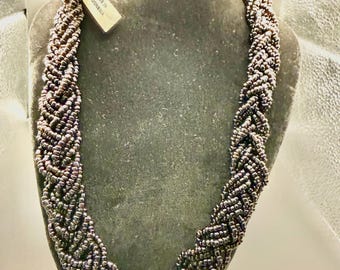 Multi Strand Shinny Black Beaded Braided Necklace
