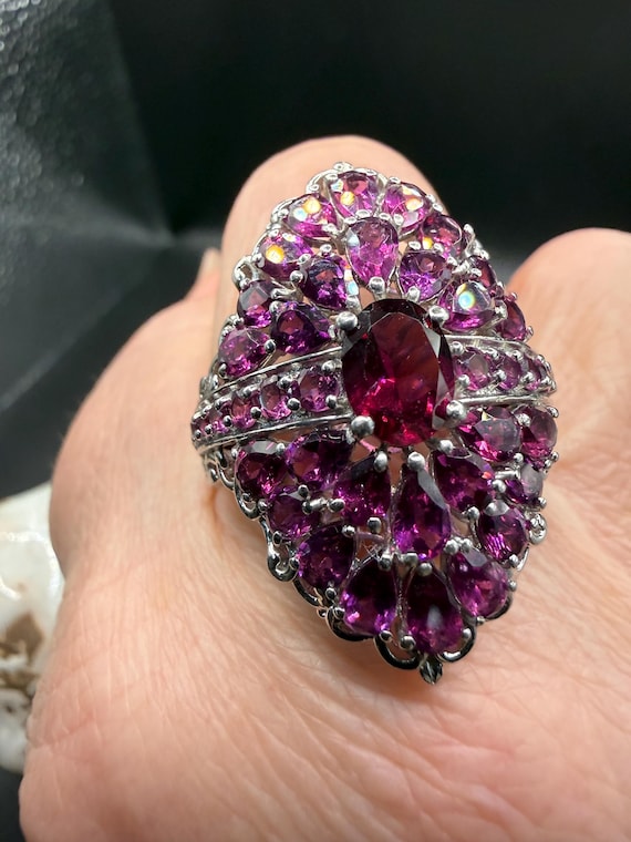 Vintage Rhodolite Garnet Cluster Ring - 925 Sterling Silver Statement Cocktail Ring . Size 11