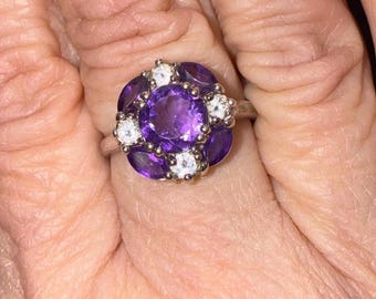 Vintage Amethyst Floral Cluster Ring, Sterling Silver Statement Flower Jewelry