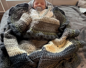 Baby Blanket . Gray tones . With Ruffled Edges Striped Handmade Crocheted