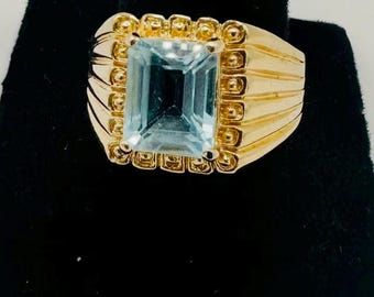 Bold Vintage Style Gold Ring w a Luminous Blue Emerald Cut Stone