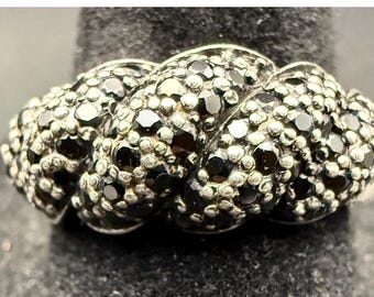 Black Sapphire Knot Ring - Sterling Silver Pavé Setting, Size 8.5