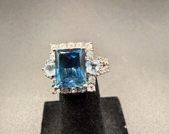 Vintage Art Deco London Blue Topaz Ring, 10k White Gold Cocktail Ring, Size 8