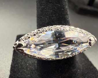 Marquise CZ Diamond Elongated Brilliant Cut Stone Set in Sterling Silver  size 7
