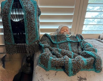 1 Crocheted Baby Blanket and Scarf Set: Teal and Brown  Acrylic Wool. Handmade