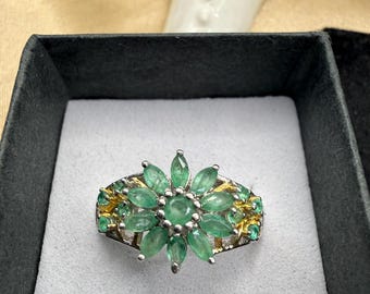 Vintage Natural Emerald Flower Cluster Ring Sterling Silver 915 size 7