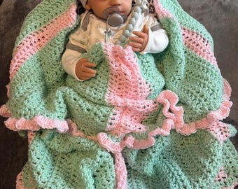 Handmade Crocheted Baby Blanket: Green & Pink Ruffle Crib Blanket