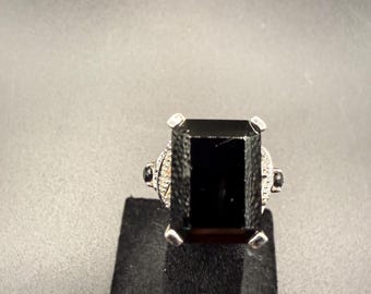 Art Deco Black Spinel Ring – Emerald Cut Sterling Silver Cocktail Ring