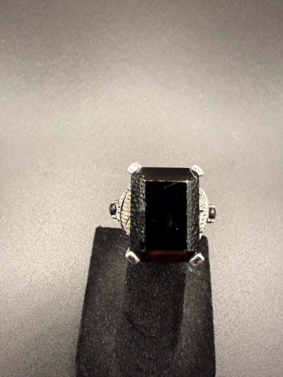 Large Emerald Cut Black Spinel Statement Ring - V… - image 1