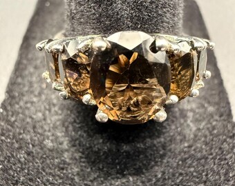 Vintage Smoky Quartz Sterling Silver Ring, Ornate Gemstone, Size 7.5