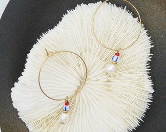 Pearl Drop Hoop Earrings | Small Drop Earrings | Pearl Drop Miyuki Hoop Earrings | Red Blue and White Drop Earrings | Super Thin Wire Hoops