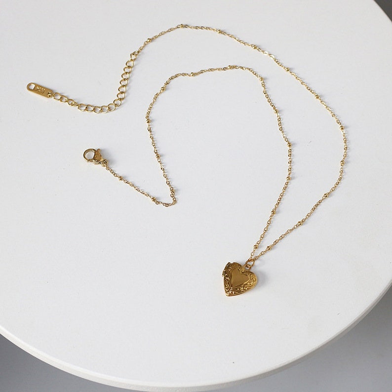 Personalized 18k Gold Plated Mini Heart Locket Necklace Love Locket Pendant Necklace w Beaded Chain