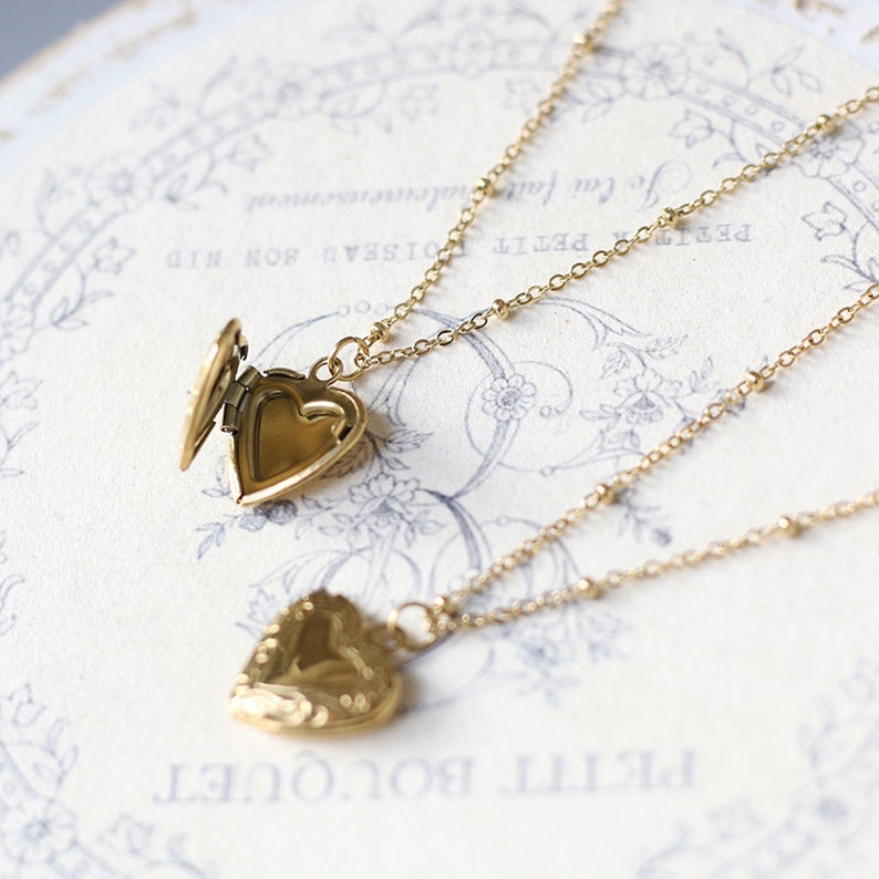 Personalized 18k Gold Plated Mini Heart Locket Necklace Love Locket Pendant Necklace w Beaded Chain