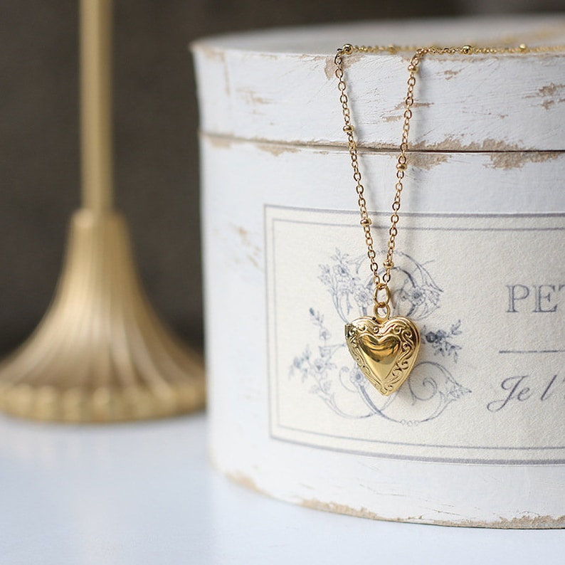 Personalized 18k Gold Plated Mini Heart Locket Necklace Love Locket Pendant Necklace w Beaded Chain