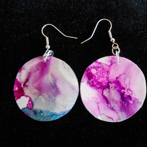 Dangle earrings women, handmade alcohol ink earrings, large circular shape