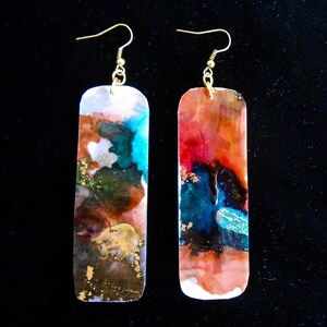 long dangle handmade earrings, alcohol ink statement earrings, rectangle shape