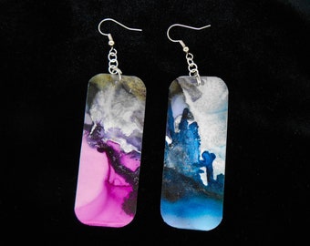 Blue Purple and Silver handmade earrings, alcohol ink earrings, alcohol ink painting, rectangular earrings