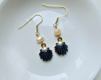 Pearl and Gold Shell Earrings | Blue and Gold