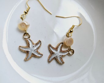 Pearl and Starfish Earrings | Pale Blue and Gold