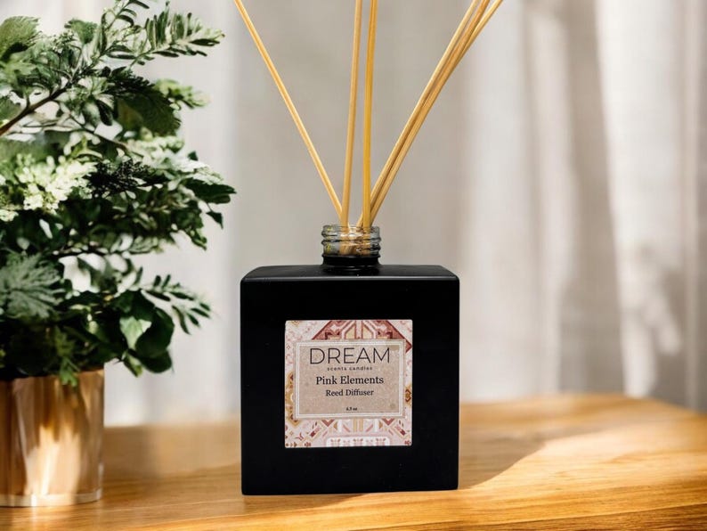 May include: A black square reed diffuser with the text "DREAM Pink Elements Reed Diffuser" on a label. The diffuser has several wooden reeds inserted into the top. A potted plant with green and white leaves is to the left.