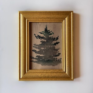 Evergreen Tree in Vintage Gold Frame / Gallery Art / Moody Tree / Holiday Art / Original Painting / Evergreen Tree Painting /Framed Tree Art