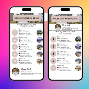 May include: A mobile phone screen displaying a house hunting schedule for Thursday, January 20, 2023. The schedule lists five properties with addresses, drive times, and details about the number of bedrooms and bathrooms. The schedule is organized in a numbered list with a brown circle around each number. The phone screen also includes a contact card for Olivia Rick with her phone number and email address.