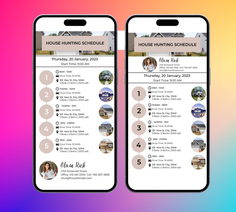 May include: A mobile phone screen displaying a house hunting schedule for Thursday, January 20, 2023. The schedule lists five properties with addresses, drive times, and details about the number of bedrooms and bathrooms. The schedule is organized in a numbered list with a brown circle around each number. The phone screen also includes a contact card for Olivia Rick with her phone number and email address.