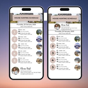 May include: A house hunting schedule for Thursday, January 20, 2023, with five appointments scheduled throughout the day. Each appointment includes the time, drive time, address, and number of bedrooms and bathrooms. The schedule is displayed on a smartphone screen.