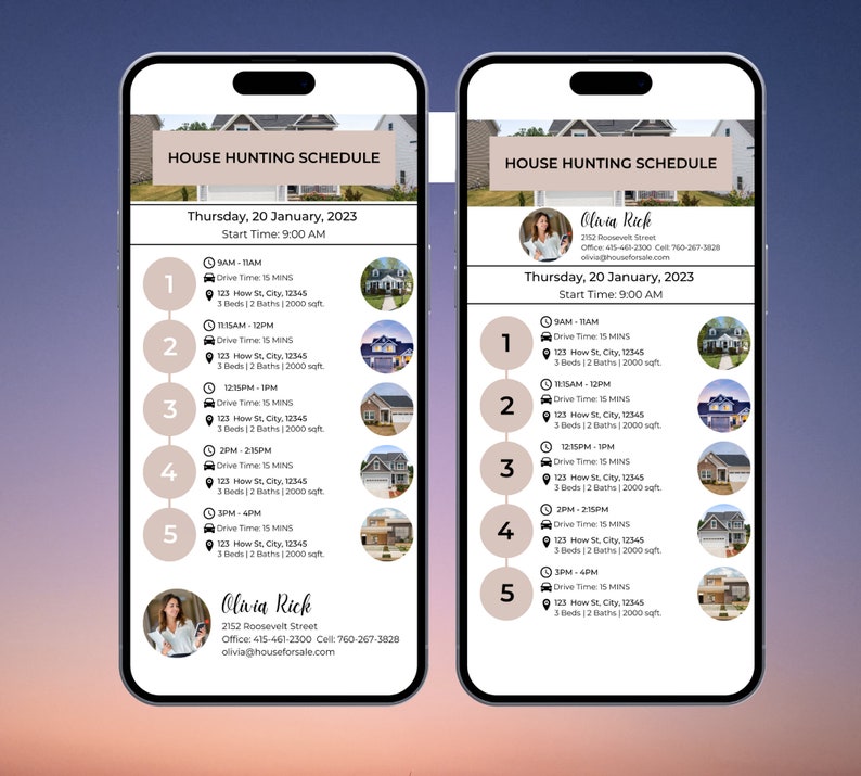 May include: A house hunting schedule for Thursday, January 20, 2023, with five appointments scheduled throughout the day. Each appointment includes the time, drive time, address, and number of bedrooms and bathrooms. The schedule is displayed on a smartphone screen.