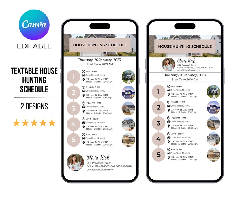 May include: A printable house hunting schedule template with a light brown background. The template includes a list of five houses to view with their addresses, drive times, and number of bedrooms and bathrooms. The template also includes a contact section with the name, phone number, and email address of a real estate agent.