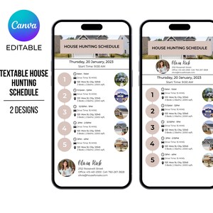 May include: A house hunting schedule template with a beige background and a list of five houses to view on Thursday, January 20th, 2023. Each house listing includes the address, number of bedrooms and bathrooms, and square footage. The schedule also includes the drive time to each house. The template is designed for a real estate agent to use with their clients.