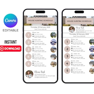 May include: A house hunting schedule for Thursday, January 20, 2023, with a start time of 9:00 AM. The schedule lists five properties with addresses, drive times, and details about the number of bedrooms and bathrooms. Each property is represented by a small photo.