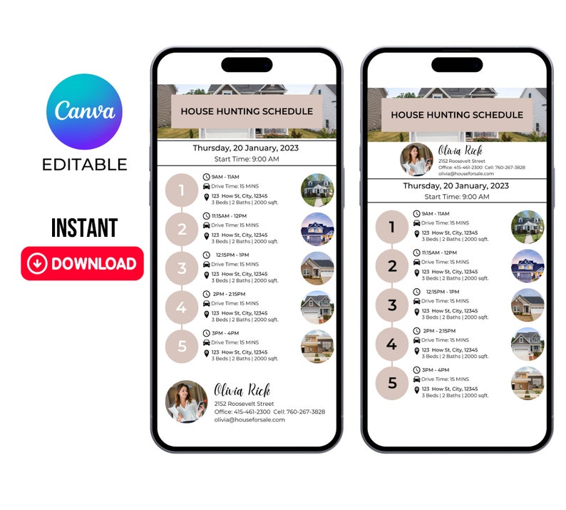 May include: A house hunting schedule for Thursday, January 20, 2023, with a start time of 9:00 AM. The schedule lists five properties with addresses, drive times, and details about the number of bedrooms and bathrooms. Each property is represented by a small photo.