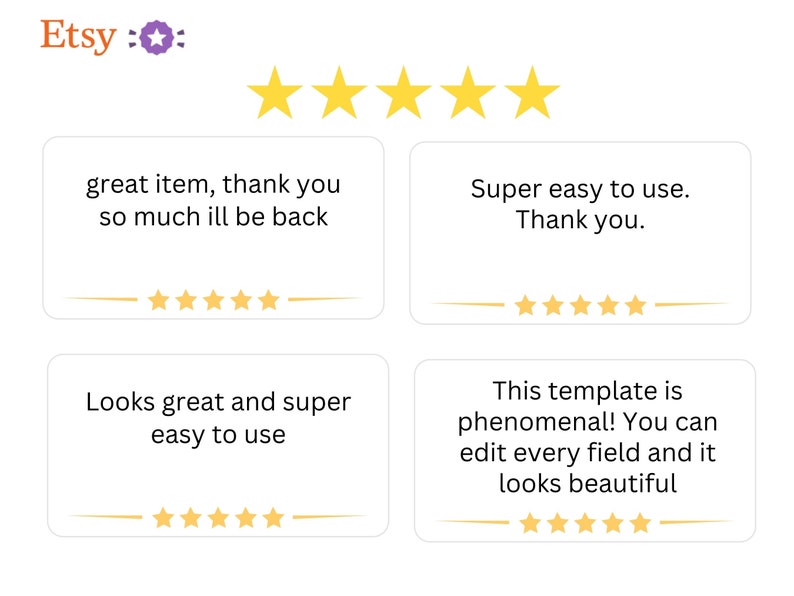 May include: Four Etsy customer reviews with five-star ratings and positive comments. The reviews highlight the ease of use and quality of the product. The first review says "great item, thank you so much ill be back". The second review says "Super easy to use. Thank you.". The third review says "Looks great and super easy to use". The fourth review says "This template is phenomenal! You can edit every field and it looks beautiful."