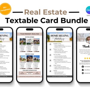 Puede incluir: Cuatro pantallas de teléfono móvil que muestran un paquete de tarjetas de marketing inmobiliario. Las tarjetas están diseñadas para ayudar a los agentes inmobiliarios con el proceso de compra y venta de viviendas. Las tarjetas incluyen información sobre el análisis del mercado, los pasos para comprar una vivienda, los pasos para vender una vivienda y una tarjeta de agradecimiento.