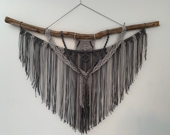 Large charcoal and grey macrame wall hanging, macrame on driftwood, Extra Large, Headboard Macrame, Wall Hanging Macrame, Two tone macrame